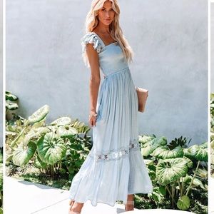 Vici Overjoyed pocketed crochet lace maxi dress in Waterlily